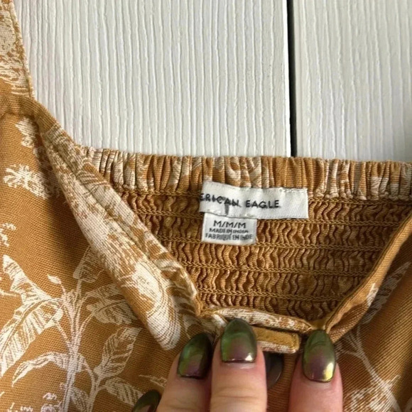 American Eagle | Linen | Palm Tree Tropical | Smocked Crop | Tank | size M - Picture 3 of 5